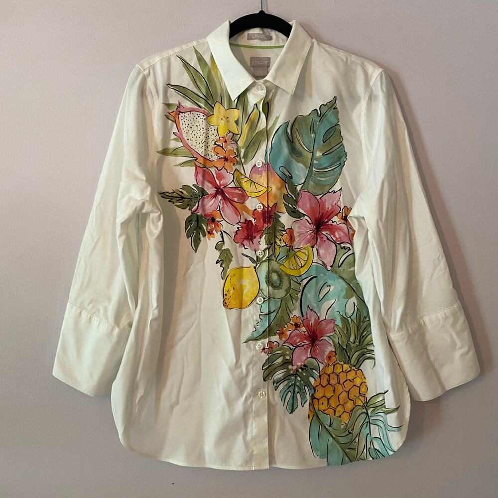 Chico's No Iron White Floral Watercolor Button Down Shirt Tropical 2 / Large